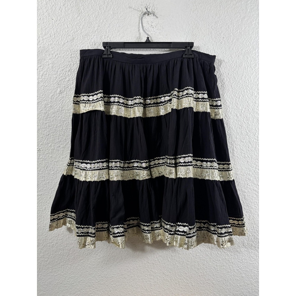 Vintage 1940s Peasant Skirt Womens‎ XL Black Metallic Lace Trim Floral Rayon